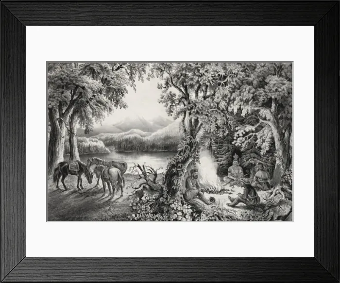 Framed Print : The trappers camp-fire. A friendly visitor Framed Print : The trappers camp-fire. A friendly visitor