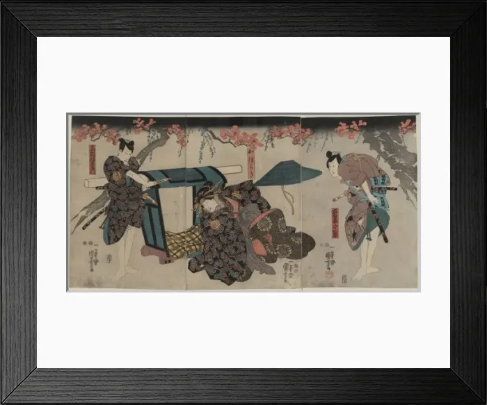 Framed Print : Three actors in the roles of Nagoya Sanzaburo, Katsuragi, an Framed Print : Three actors in the roles of Nagoya Sanzaburo, Katsuragi, an