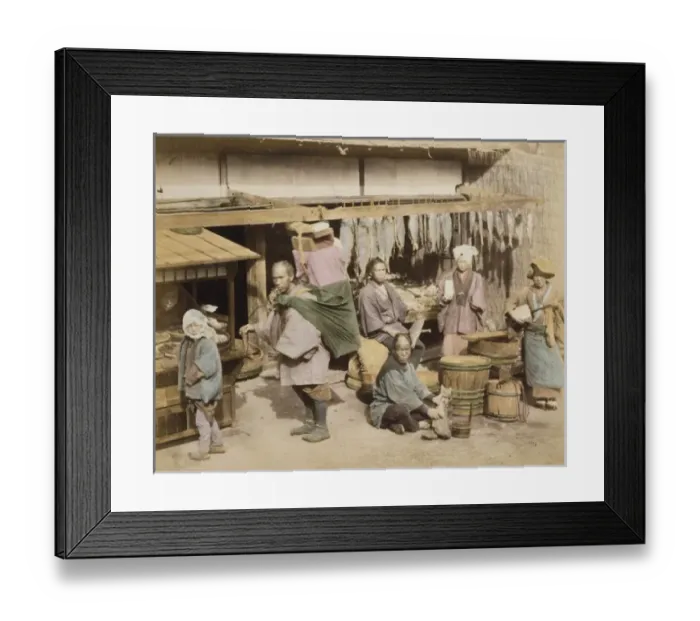 Framed Print : Exterior view of fish market with several people, shoppers a Framed Print : Exterior view of fish market with several people, shoppers a