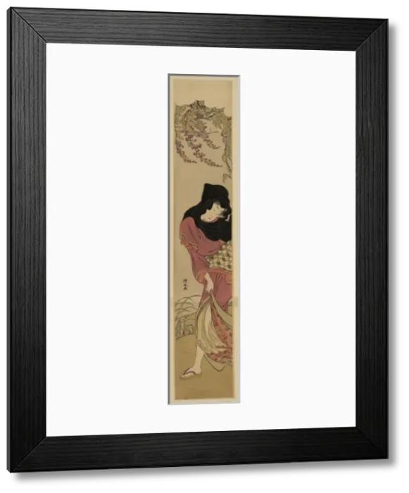 Framed Print : Woman protecting herself against the wind beneath wisteria b Framed Print : Woman protecting herself against the wind beneath wisteria b