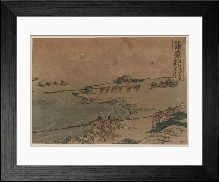 Framed Print : Kanbara. Print shows fishermen pulling ashore large fish nets. Date 1804 Framed Print : Kanbara. Print shows fishermen pulling ashore large fish nets. Date 1804
