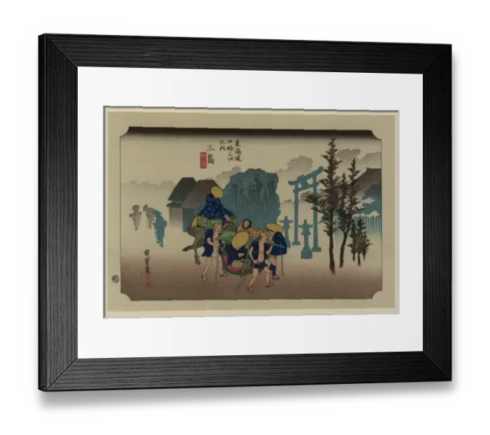 Framed Print : Mishima. Print shows travelers in sedan chairs, on horseback, Framed Print : Mishima. Print shows travelers in sedan chairs, on horseback,