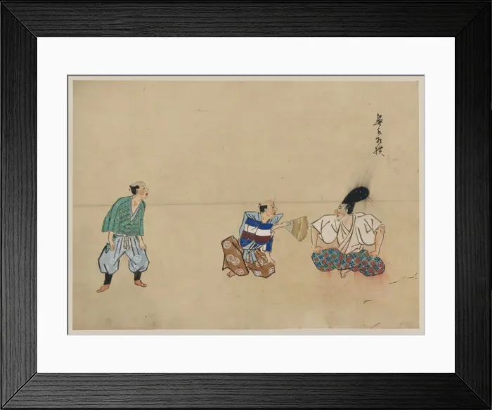 Framed Print : Kyogen play with three characters, one wearing a large hat a Framed Print : Kyogen play with three characters, one wearing a large hat a