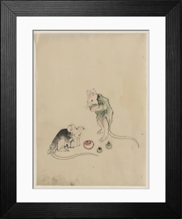 Framed Print : Two mice, one lying on the ground with head resting on forep Framed Print : Two mice, one lying on the ground with head resting on forep