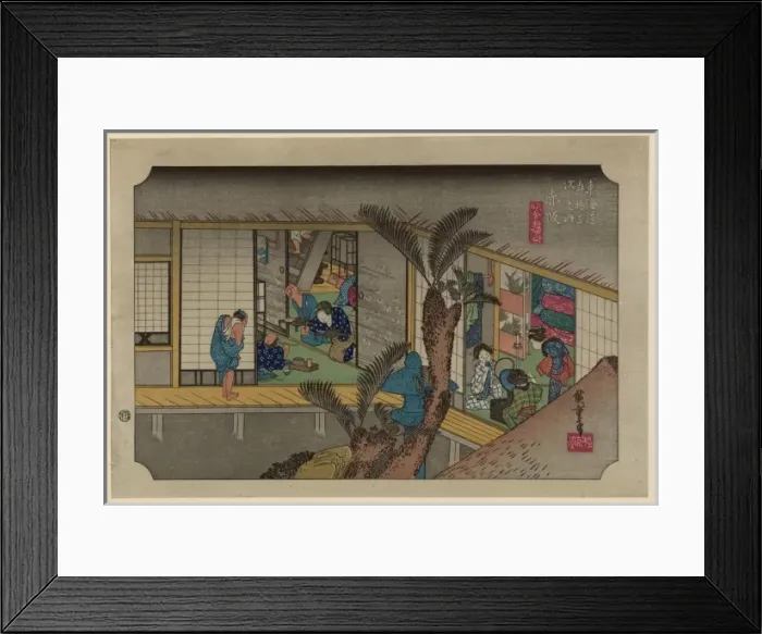 Framed Print : Akasaka. Print shows a view from a nearby rooftop into two rooms of an Framed Print : Akasaka. Print shows a view from a nearby rooftop into two rooms of an