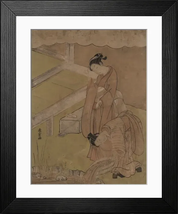 Framed Print : Young girl throwing goldfish into a pond Framed Print : Young girl throwing goldfish into a pond