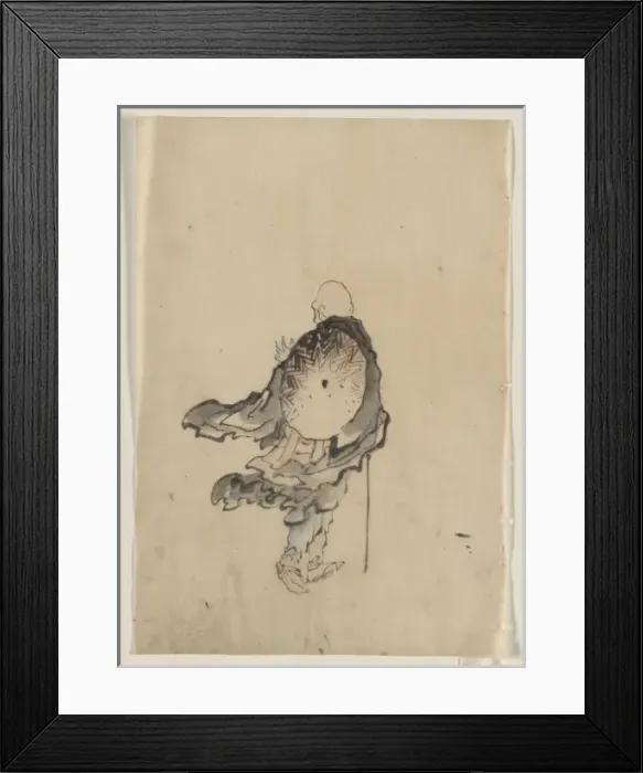 Framed Print : Rear view of a traveler or monk wearing cape and with large Framed Print : Rear view of a traveler or monk wearing cape and with large