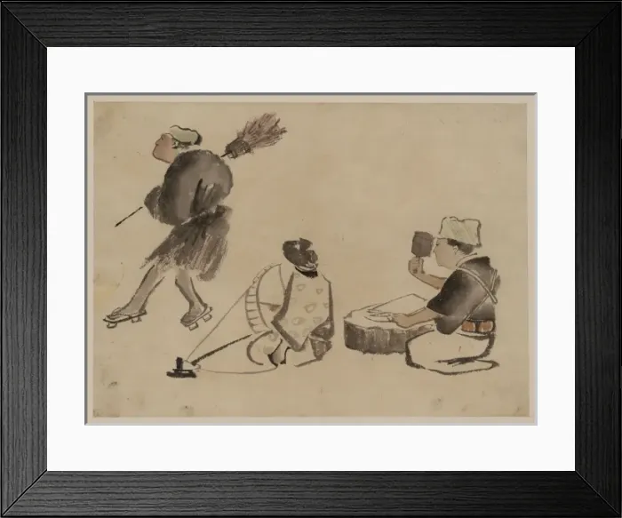 Framed Print : Man with a broom, wearing geta; woman with spinning wheel; m Framed Print : Man with a broom, wearing geta; woman with spinning wheel; m