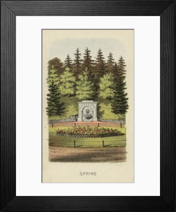 Framed Print : Spring. Print shows a view of a fixture constructed at the base of a hillside Framed Print : Spring. Print shows a view of a fixture constructed at the base of a hillside