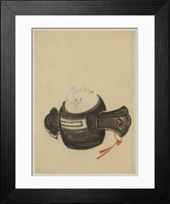 Framed Print : Mouse, facing front, sitting on a mallet with red ribbon thr Framed Print : Mouse, facing front, sitting on a mallet with red ribbon thr
