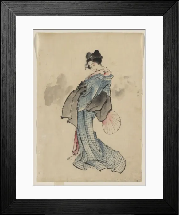 Framed Print : Woman, full-length portrait, standing, facing left, holding