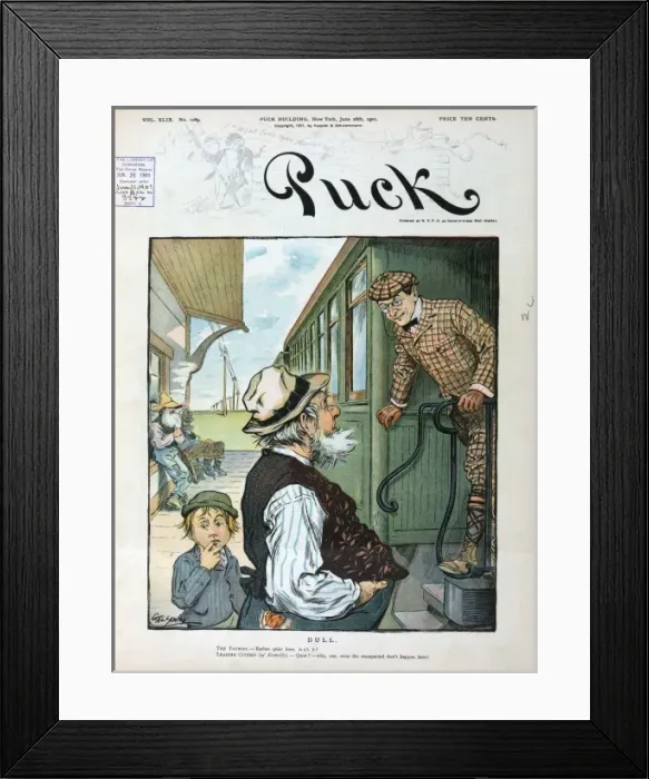 Framed Print : Dull. Illustration shows a tourist from the city standing on the steps Framed Print : Dull. Illustration shows a tourist from the city standing on the steps