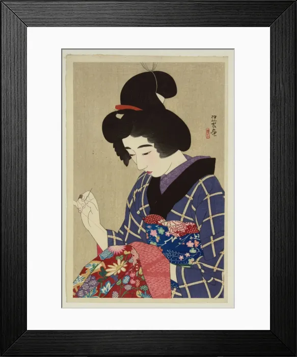 Framed Print : Sewing. Print shows a young woman sewing. Date between 1912 and 1925 Framed Print : Sewing. Print shows a young woman sewing. Date between 1912 and 1925
