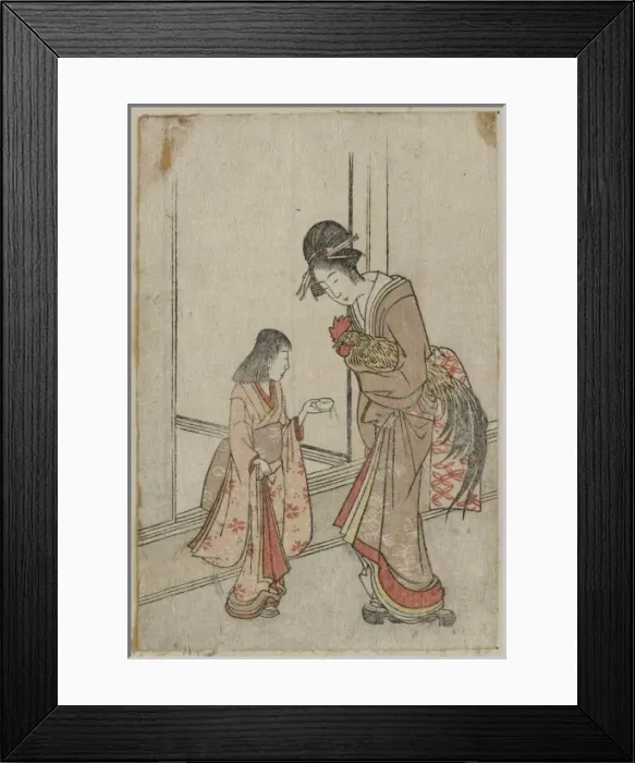 Framed Print : Woman holding a rooster accompanied by a young attendant Framed Print : Woman holding a rooster accompanied by a young attendant