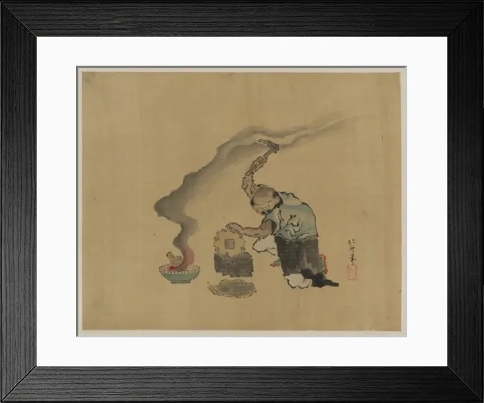 Framed Print : A man engaged in metalwork, appears to be melting statues to Framed Print : A man engaged in metalwork, appears to be melting statues to