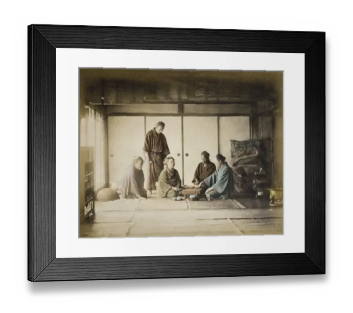Framed Print : Interior view of room where men and women are playing the bo Framed Print : Interior view of room where men and women are playing the bo