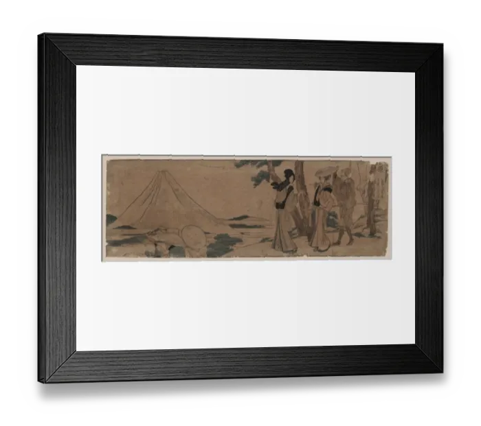 Framed Print : Hara. Print shows two women and a man walking behind a group of travelers Framed Print : Hara. Print shows two women and a man walking behind a group of travelers
