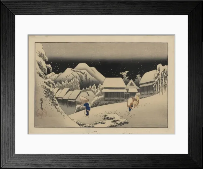 Framed Print : Kanbara. Print shows travelers walking in the snow at night at the Kanbara Framed Print : Kanbara. Print shows travelers walking in the snow at night at the Kanbara