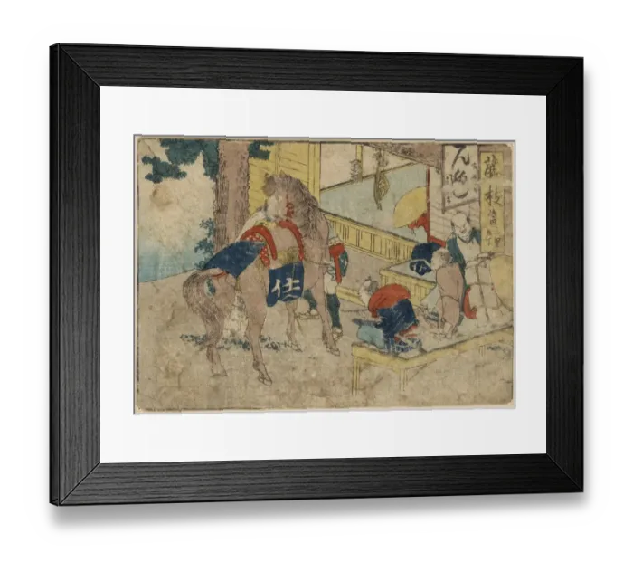 Framed Print : Fujieda. Print shows travelers one with a horse, resting at a building on the roadside Framed Print : Fujieda. Print shows travelers one with a horse, resting at a building on the roadside