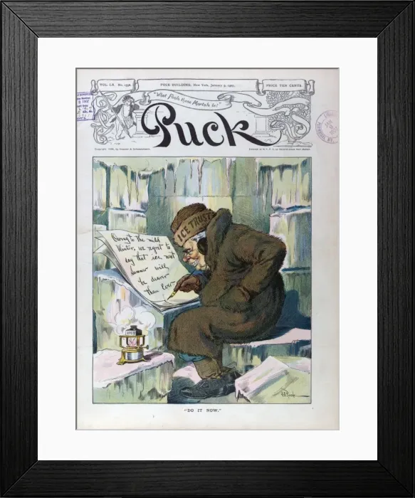Framed Print : Do it now. Illustration shows a man sitting in an ice house, wearing a fur coat Framed Print : Do it now. Illustration shows a man sitting in an ice house, wearing a fur coat