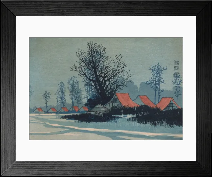 Framed Print : Red roofs. Print shows the red roofs of low buildings in a winter landscape Framed Print : Red roofs. Print shows the red roofs of low buildings in a winter landscape