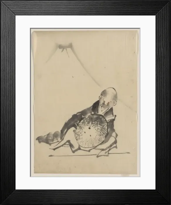 Framed Print : A monk reclining, holding a large conical hat in front of hi Framed Print : A monk reclining, holding a large conical hat in front of hi
