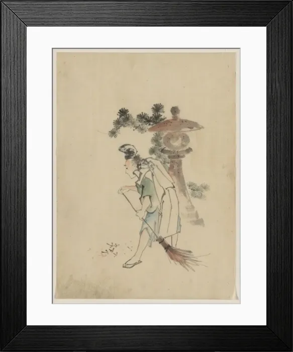 Framed Print : A man sweeping pine needles that have fallen from a tree nea Framed Print : A man sweeping pine needles that have fallen from a tree nea