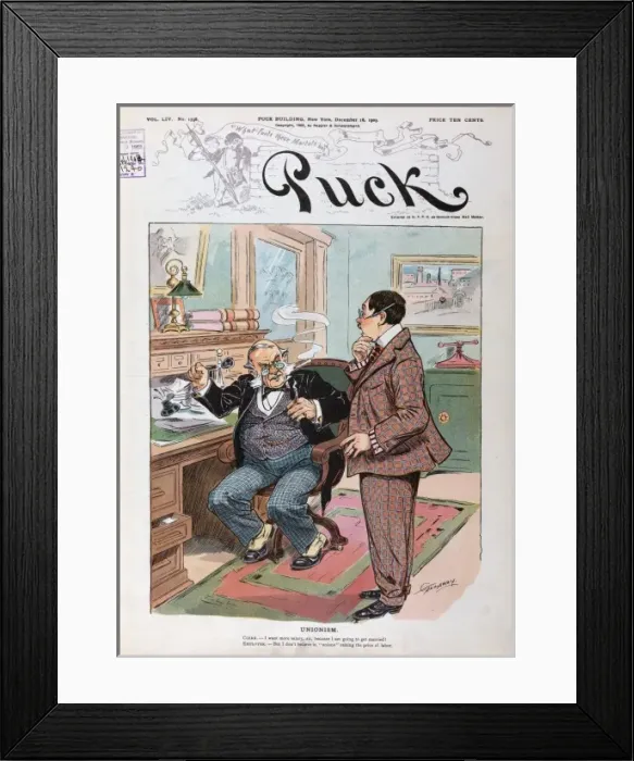 Framed Print : Unionism. Illustration shows a clerk in an office telling his employer Framed Print : Unionism. Illustration shows a clerk in an office telling his employer