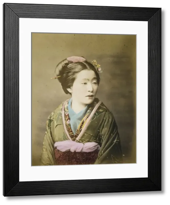 Framed Print : Ukiyo-e beauty, half-length studio portrait of a woman, faci Framed Print : Ukiyo-e beauty, half-length studio portrait of a woman, faci