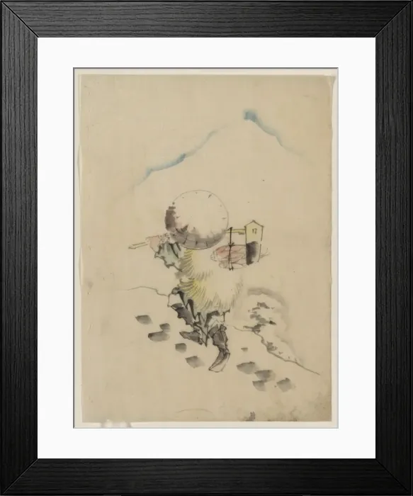 Framed Print : A man, wearing a conical hat, a straw or feather outer garme Framed Print : A man, wearing a conical hat, a straw or feather outer garme