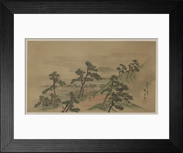Framed Print : Fukeiga. Painting shows travelers passing through a grove of pine trees on Tokaido Road Framed Print : Fukeiga. Painting shows travelers passing through a grove of pine trees on Tokaido Road