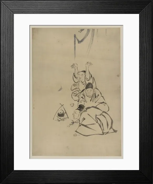 Framed Print : Three monks or travelers lighting a fire beneath a teapot Framed Print : Three monks or travelers lighting a fire beneath a teapot