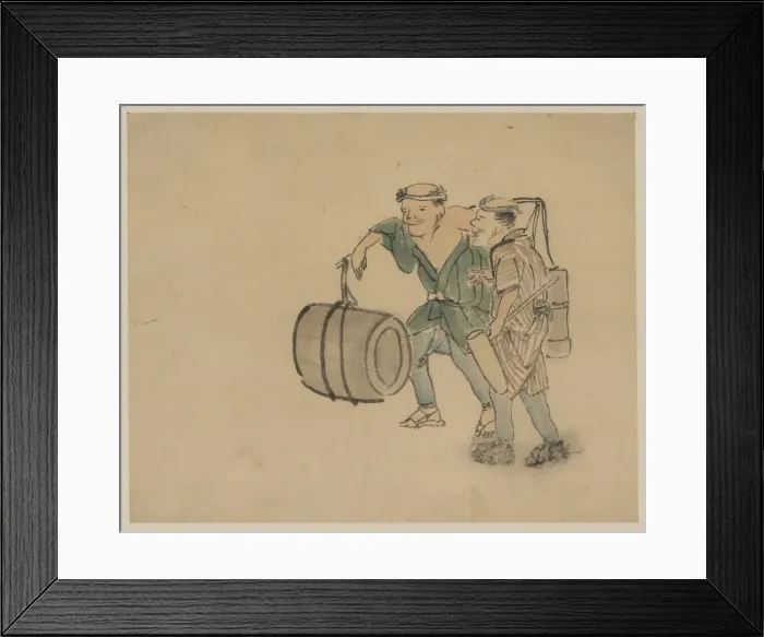 Framed Print : Two men walking, one carrying a shoulder pole with barrel-li Framed Print : Two men walking, one carrying a shoulder pole with barrel-li
