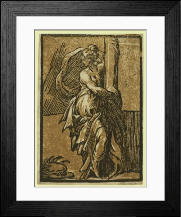 Framed Print : Fortitude. Allegorical print showing a seated woman holding onto a column Framed Print : Fortitude. Allegorical print showing a seated woman holding onto a column