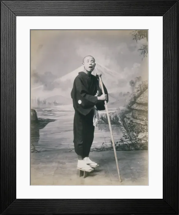 Framed Print : Man with staff, wearing geta, studio portrait Framed Print : Man with staff, wearing geta, studio portrait
