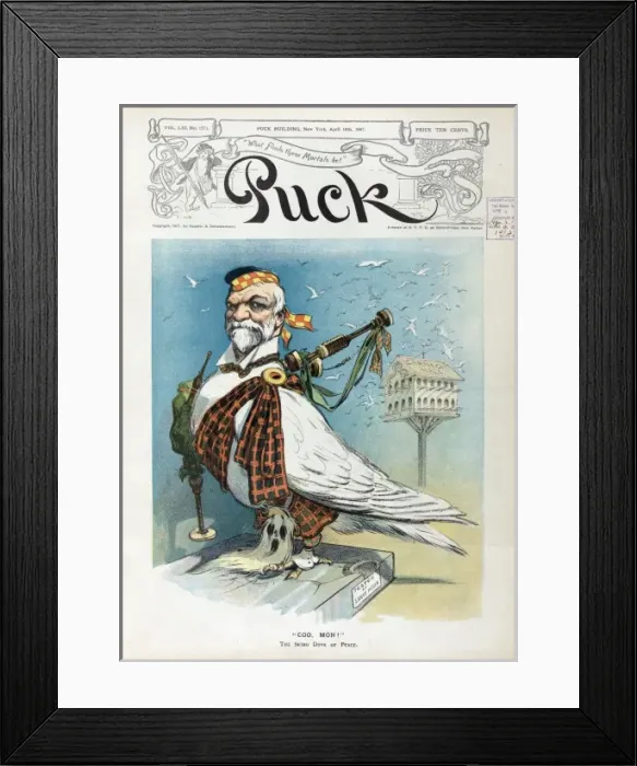 Framed Print : Coo, mon!. Illustration shows Andrew Carnegie as a Scottish dove with a bagpipe Framed Print : Coo, mon!. Illustration shows Andrew Carnegie as a Scottish dove with a bagpipe