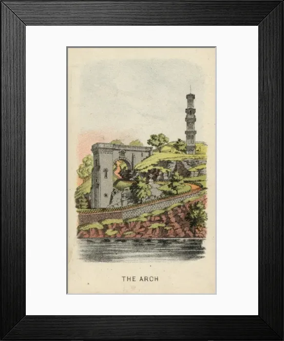 Framed Print : The arch. Print shows a view of a memorial arch, stone retaining walls, and a tower, Framed Print : The arch. Print shows a view of a memorial arch, stone retaining walls, and a tower,