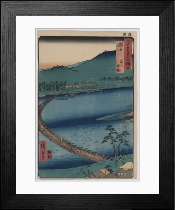 Framed Print : Etchu. Print shows a pontoon bridge across a river. Date 1853