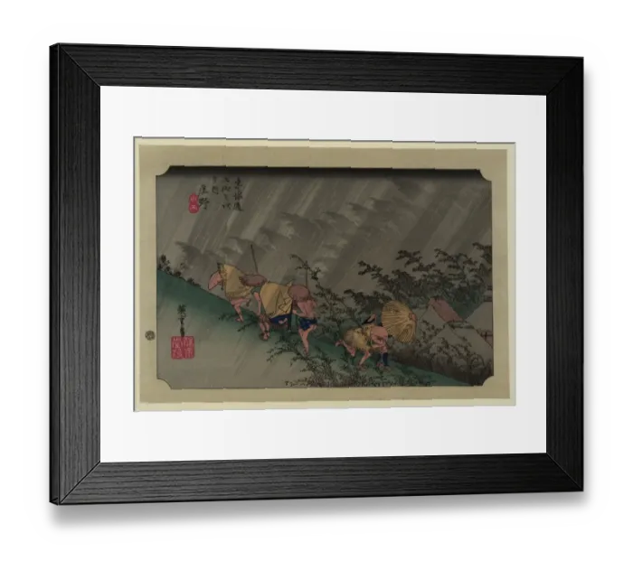 Framed Print : Shono. Print shows travelers caught in a rain storm above the village at Framed Print : Shono. Print shows travelers caught in a rain storm above the village at