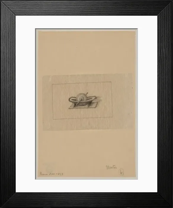 Framed Print : Mortar. Drawing shows a stone(?) wheel pestle on a spool in a tray; mortar and pestle Framed Print : Mortar. Drawing shows a stone(?) wheel pestle on a spool in a tray; mortar and pestle