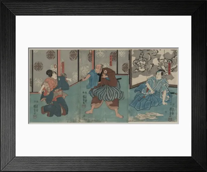 Framed Print : Three actors in the roles of Tanizawa Tanomo, Wakato Kihei Framed Print : Three actors in the roles of Tanizawa Tanomo, Wakato Kihei