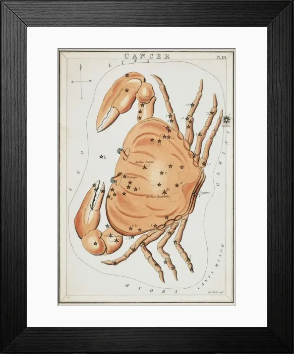 Framed Print : Cancer. Astronomical chart showing crab forming the constellation. Date 1825 Framed Print : Cancer. Astronomical chart showing crab forming the constellation. Date 1825