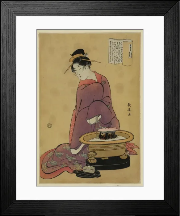 Framed Print : Brazier. Print shows a woman, a devoted housewife sitting next to a brazier Framed Print : Brazier. Print shows a woman, a devoted housewife sitting next to a brazier