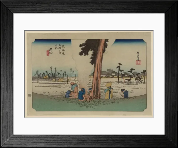 Framed Print : Hamamatsu. Print shows travelers warming themselves by a fire next to a large pine tree Framed Print : Hamamatsu. Print shows travelers warming themselves by a fire next to a large pine tree