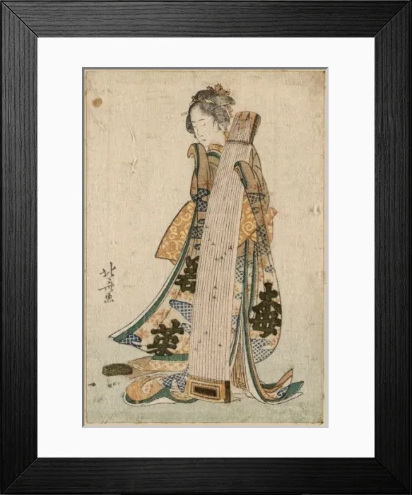Framed Print : Young maiden holding a zither (koto) Framed Print : Young maiden holding a zither (koto)