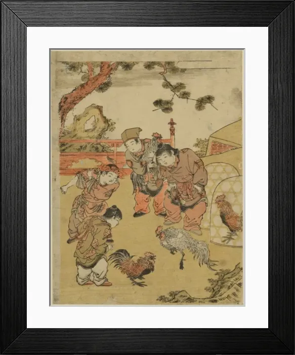 Framed Print : Chinese children fighting cocks Framed Print : Chinese children fighting cocks