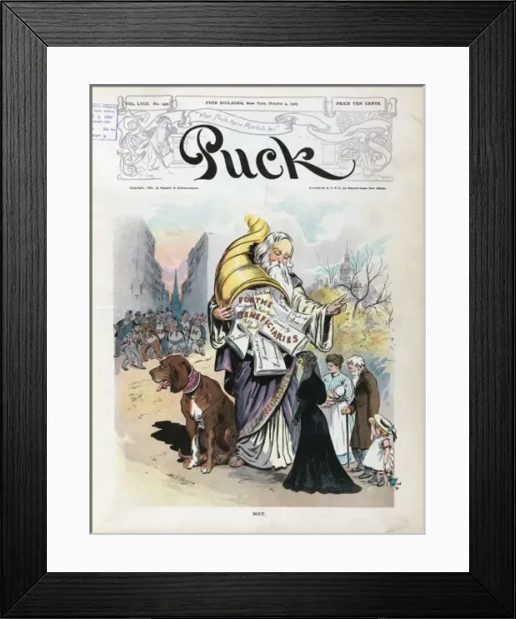 Framed Print : Not. Illustration shows a large elderly man labeled Life Insurance holding Framed Print : Not. Illustration shows a large elderly man labeled Life Insurance holding