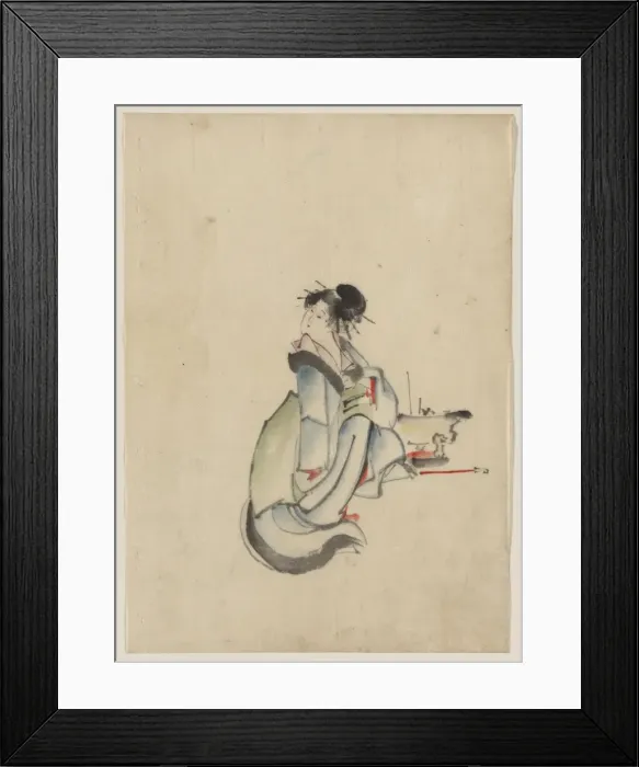 Framed Print : A woman, possibly a courtesan, seated, facing right, with he Framed Print : A woman, possibly a courtesan, seated, facing right, with he