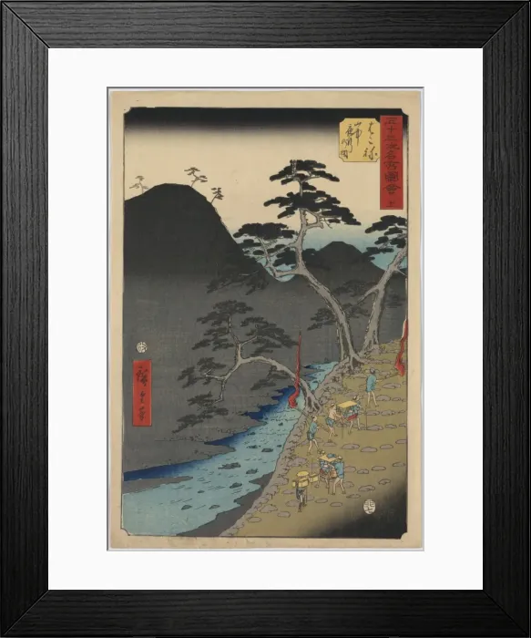 Framed Print : Hakone. Print shows travelers and porters crossing a steep pass in the Framed Print : Hakone. Print shows travelers and porters crossing a steep pass in the