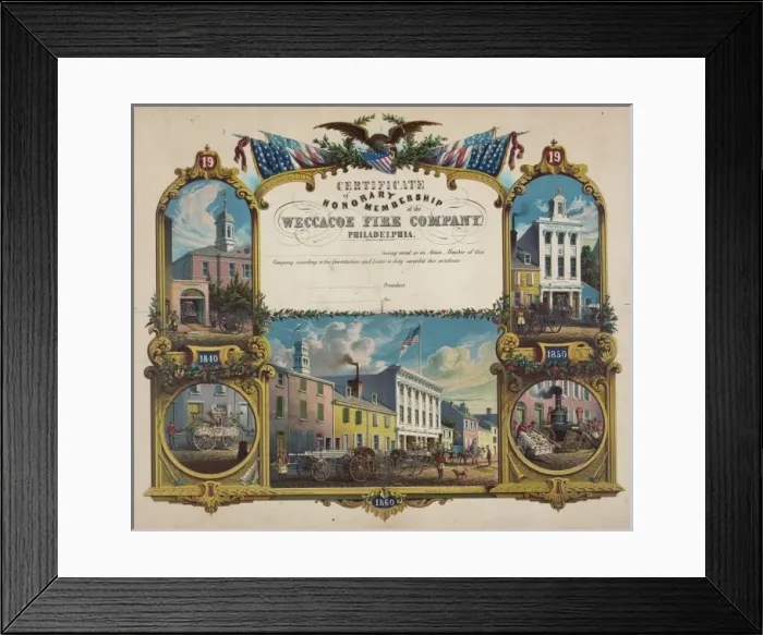 Framed Print : Certificate of honorary membership of the Weccacoe Fire Comp Framed Print : Certificate of honorary membership of the Weccacoe Fire Comp